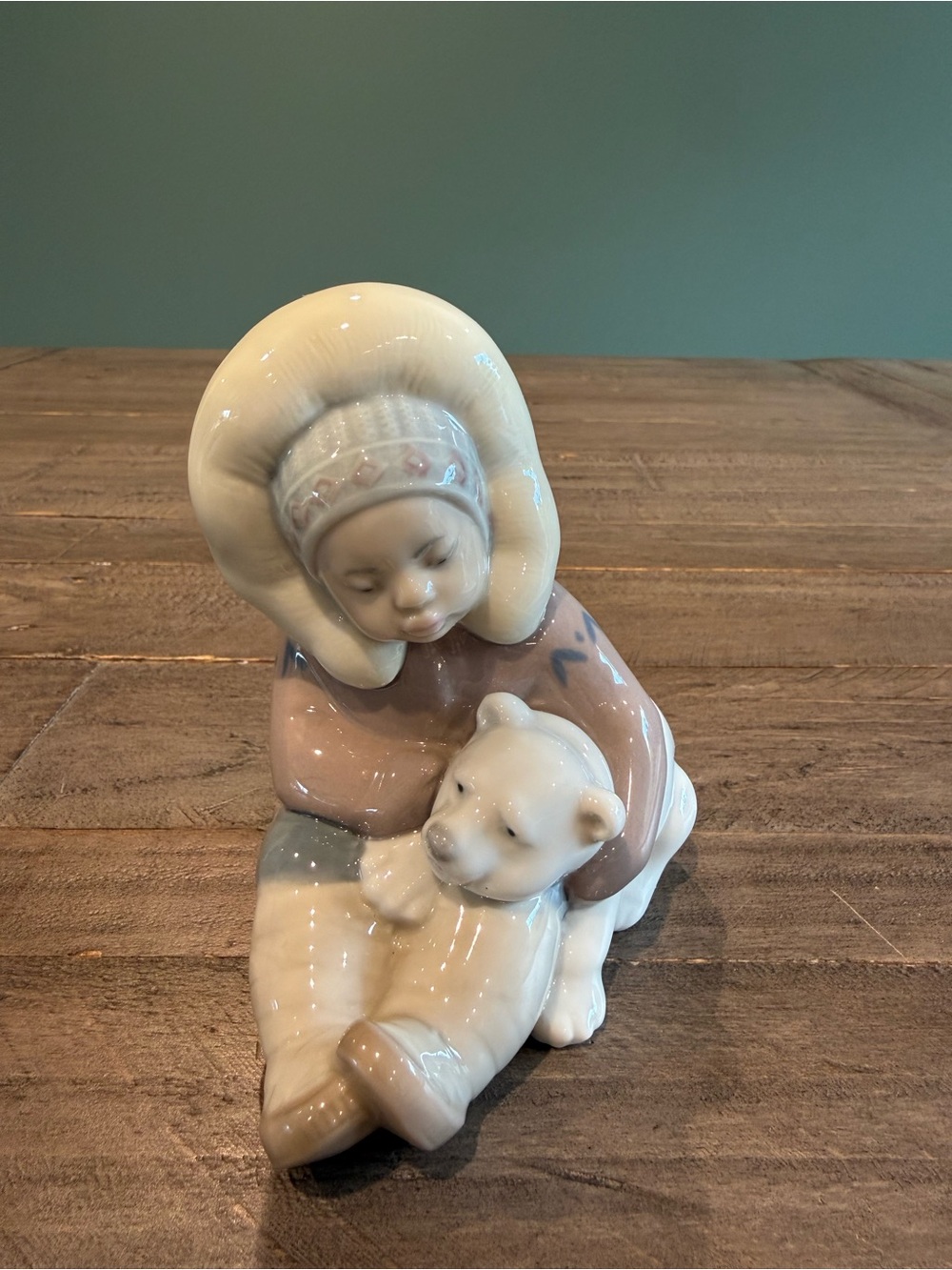 Lladro #1195 - Porcelain Eskimo Child with Polar Bear Figurine - Cream and Brown